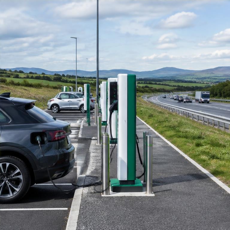 Electric vehicles charging beside an Irish motorway
