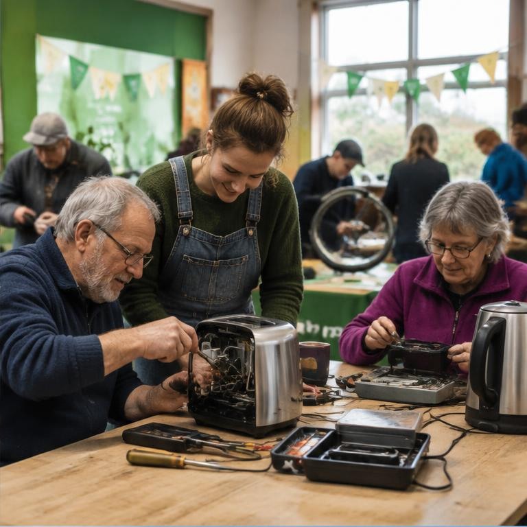 Volunteers repairing appliances at a community event